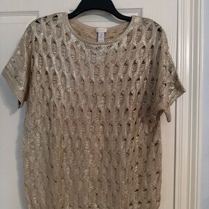 Chico’s Metallic Open Knit Sweater – Gold Shimmer Top Size 2 (M/L)